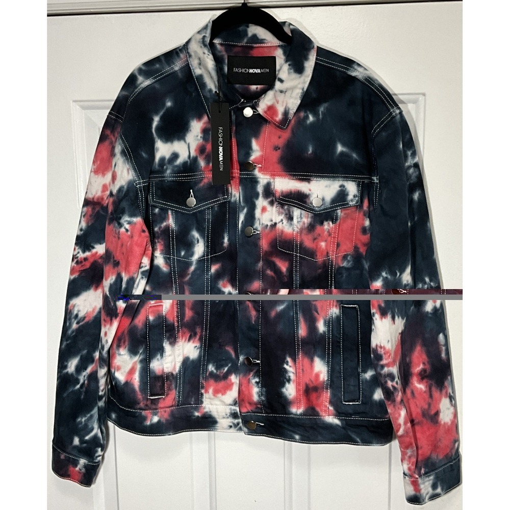 Fashion Nova Red/White/Blue/Black Tie-Dye Denim Trucker Jacket Men's Medium